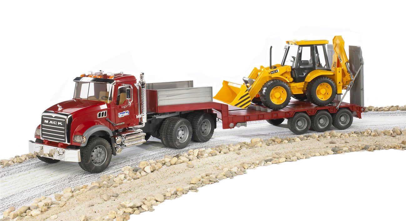 Bruder MACK Granite LKW mit Tieflader und JCB 4CX Baggerlader