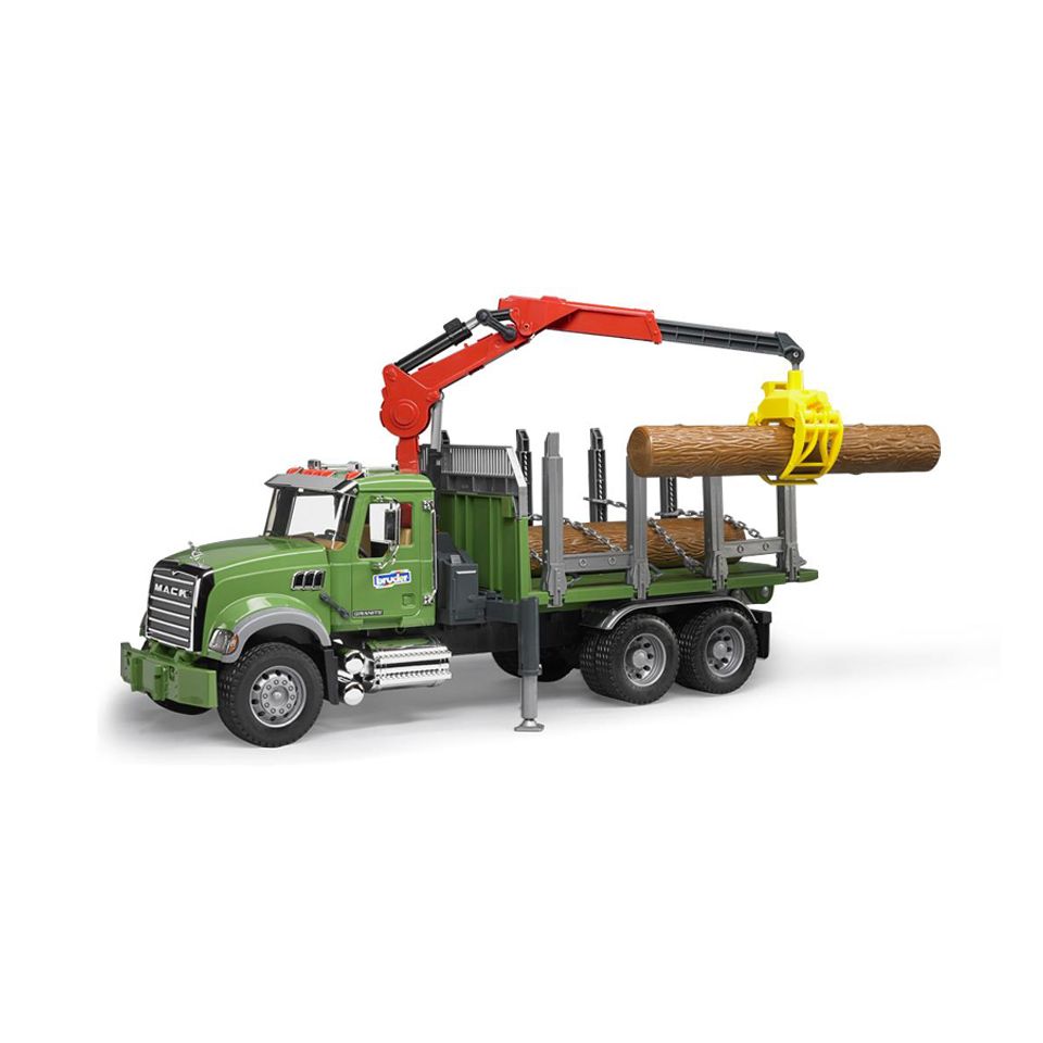 Bruder MACK Granite Tømmertransportvogn med lastekran, gribearm & 3 træstammer
