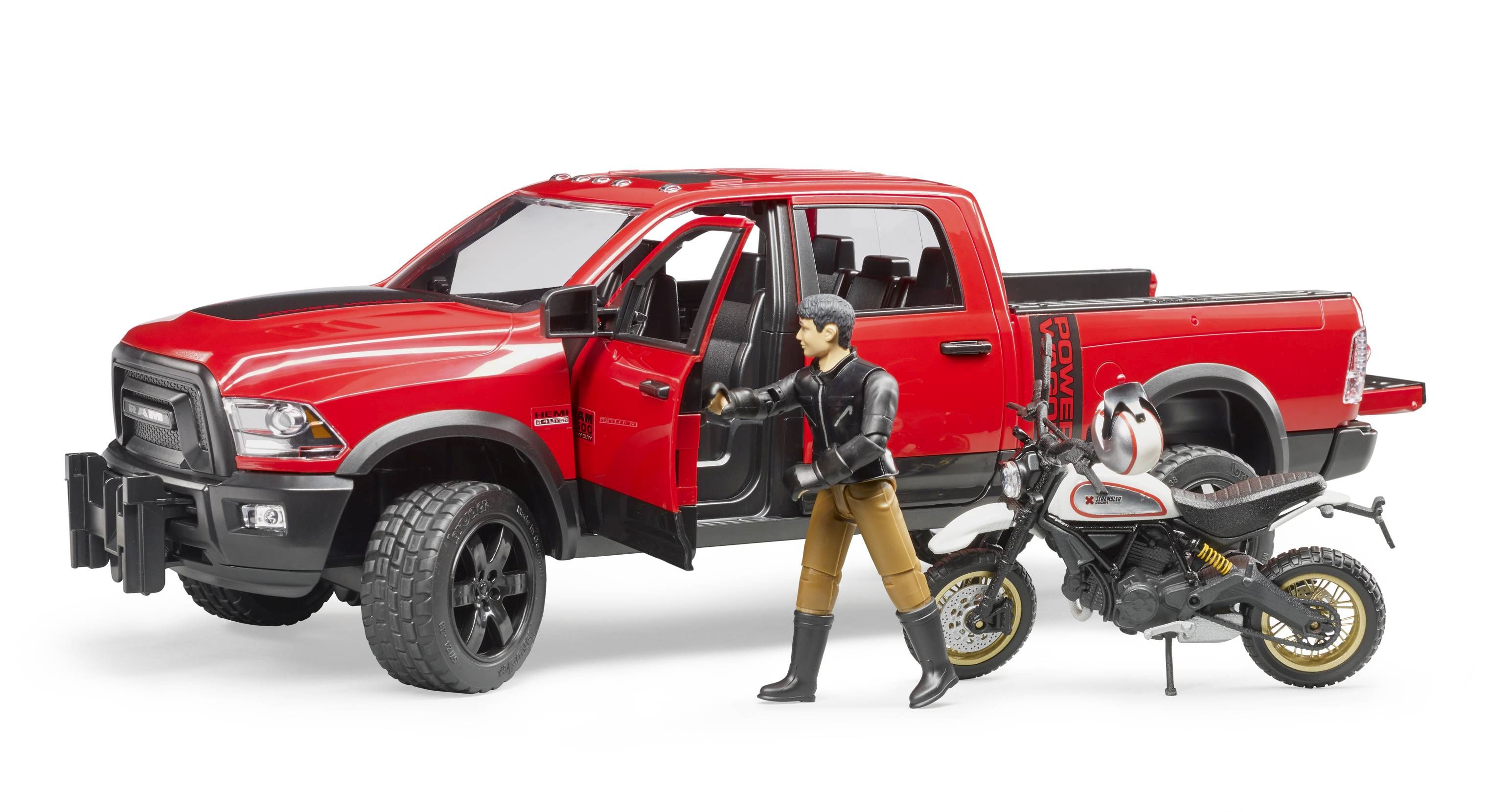 Bruder RAM 2500 Power Wagon mit Scrambler Ducati Desert Sled & Fahrer