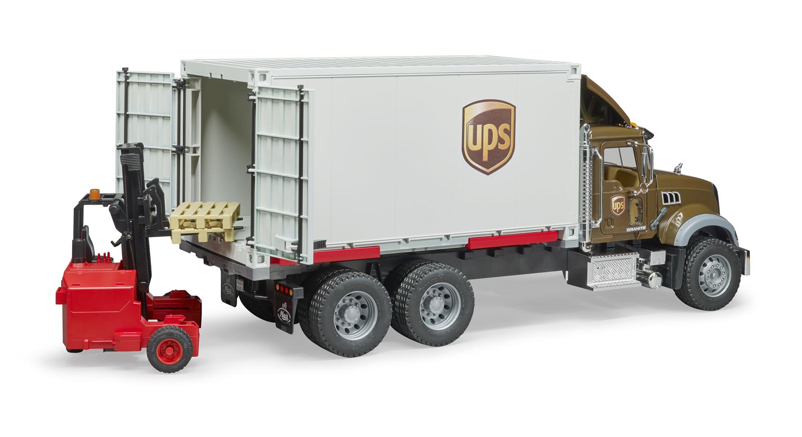 Bruder MACK Granite UPS Logistik-Lastbil med mobil forklift