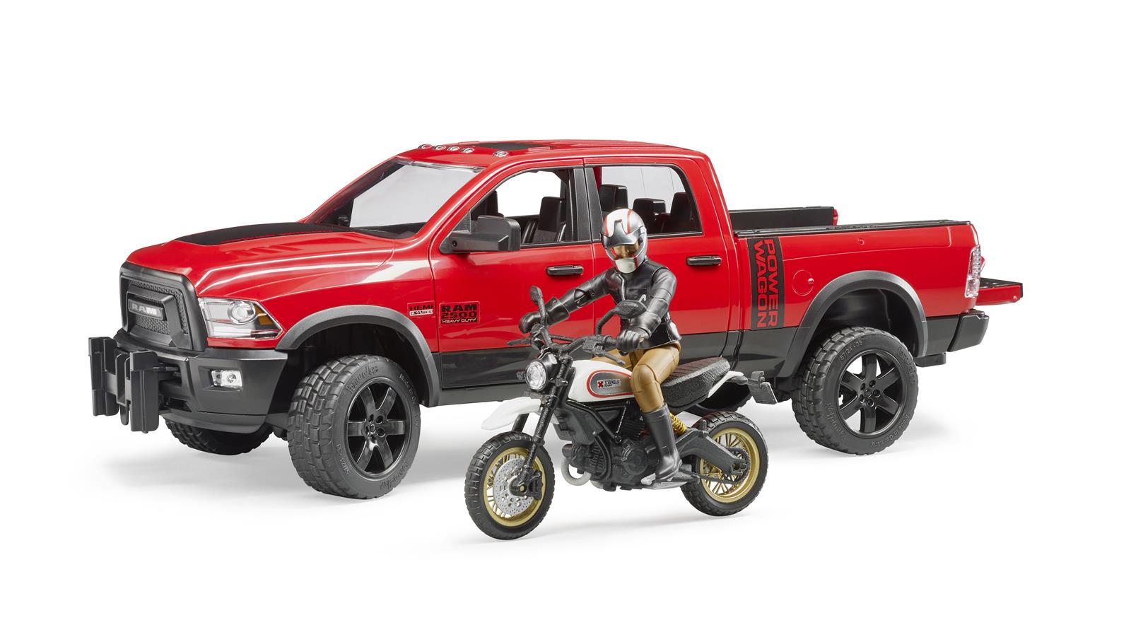 Bruder RAM 2500 Power Wagon mit Scrambler Ducati Desert Sled & Fahrer