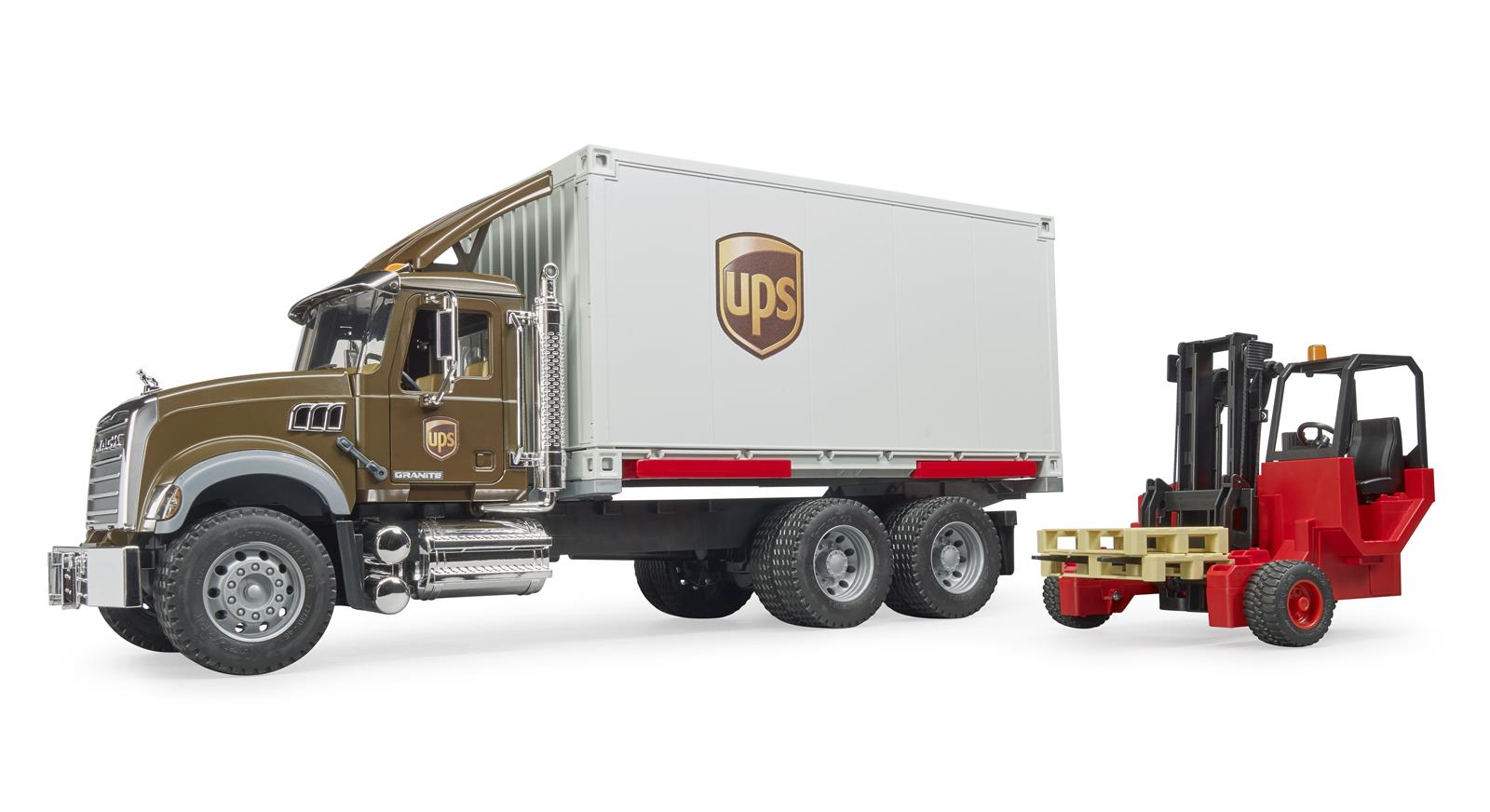 Bruder MACK Granite UPS Logistik-Lastbil med mobil forklift