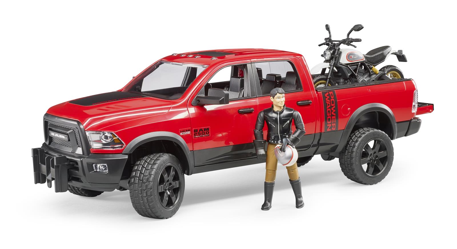 Bruder RAM 2500 Power Wagon mit Scrambler Ducati Desert Sled & Fahrer