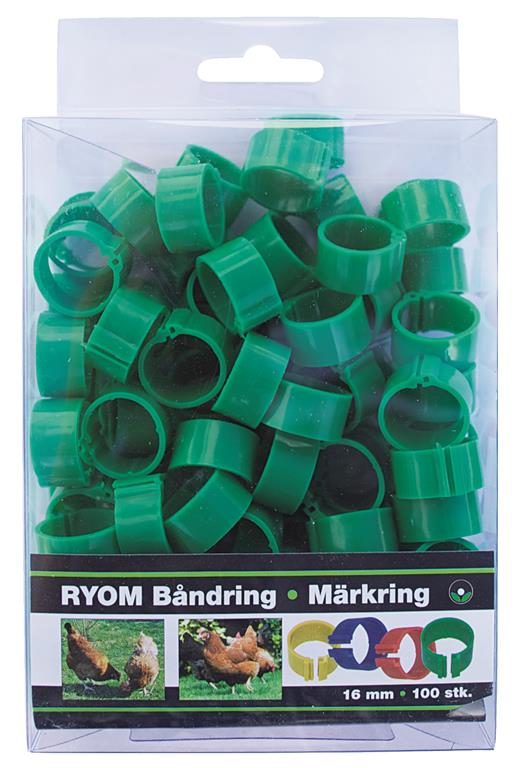 Ryom Båndringe plast grøn, 16 mm, 100 stk.