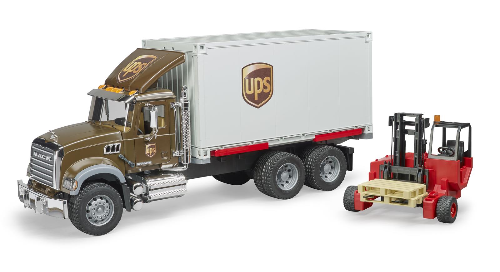 Bruder MACK Granite UPS Logistik-Lastbil med mobil forklift