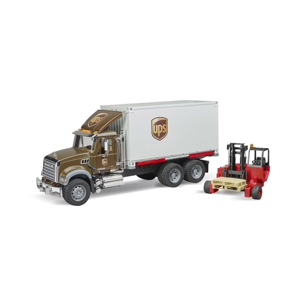 Bruder MACK Granite UPS Logistik-Lastbil med mobil forklift