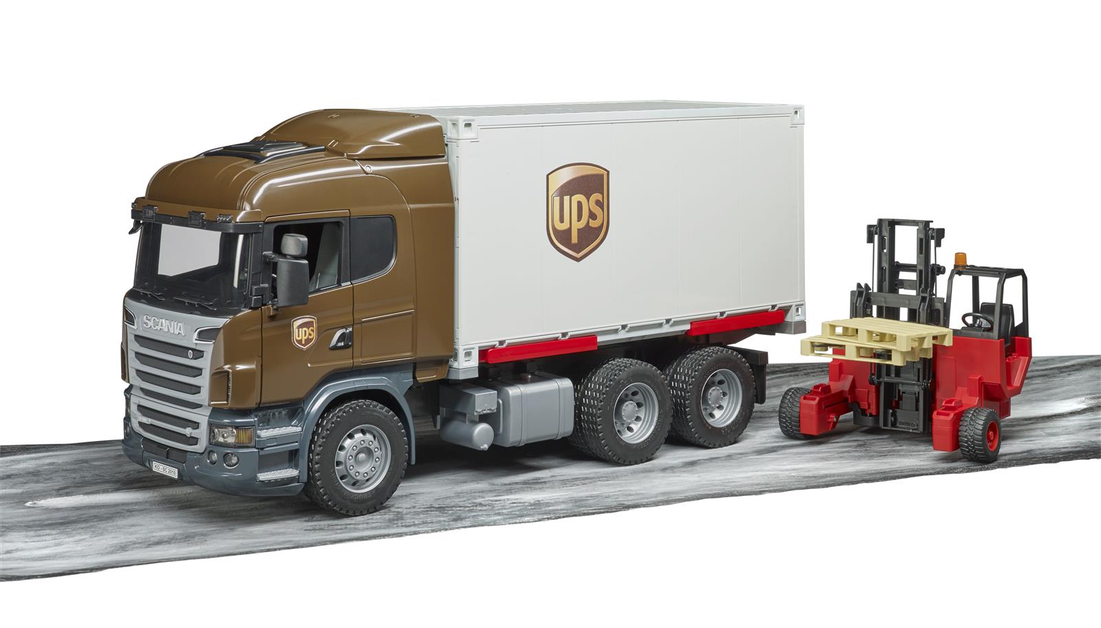 Bruder Scania R-Serie UPS Logistik-LKW med mobil forklift 