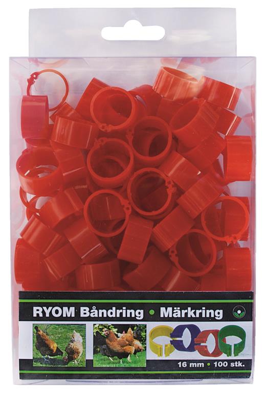 Ryom Båndringe plast rød, 16 mm, 100 stk.